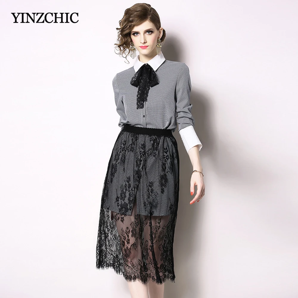 

New Spring Woman Two-pieces Suits Houndtooth Blouse + Lace Skirt Set for Woman Casual Female Shirt Skirt Suits
