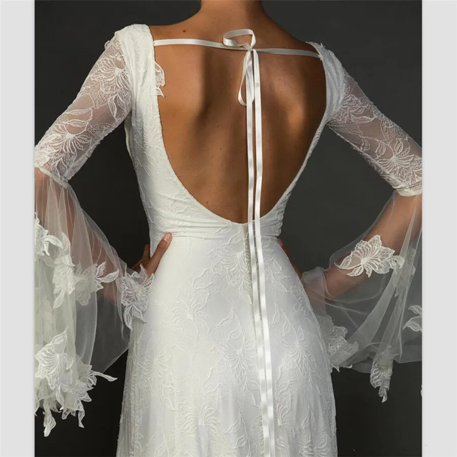 Богемное свадебное платье с расклешенными рукавами кружевное свадебное платье es с v-образным вырезом и открытой спиной Boho пляжное свадебное платье Vestido de noiva de renda