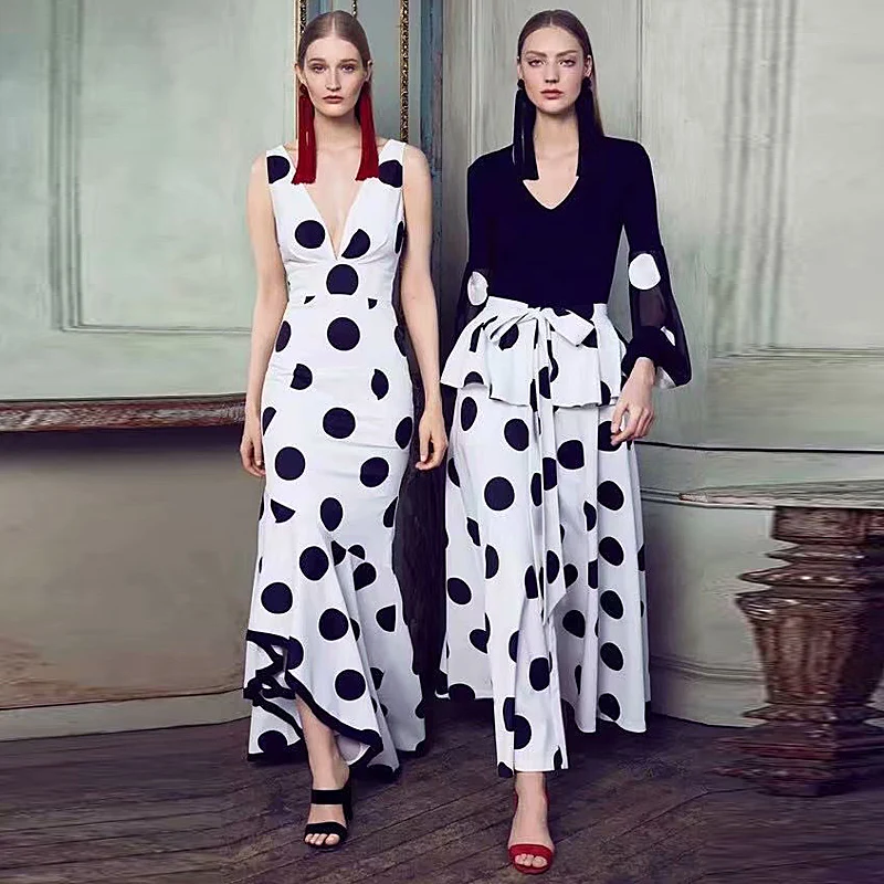 

XF 1204-12 19 Spring And Summer Fashion Runway Women'S Black V-Neck Puff Sleeve Top + Dot Print Half Skirt 2 Piece Set