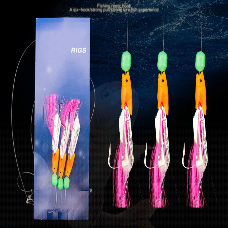 3Pcs Saltwater Hairy Hook Rigging for Herring Fishing Skin Tinsel Feathers