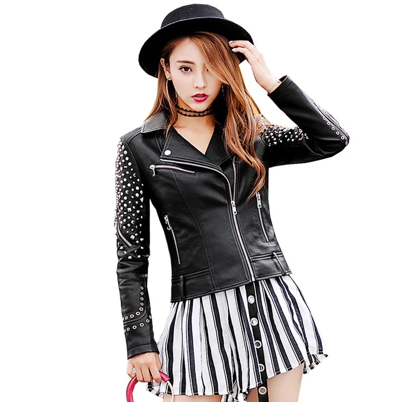 Women Punk Leather Jacket Lady Rivets Jackets Bi Metal Hollow Out Big