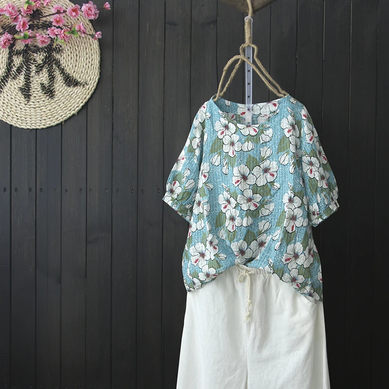 Women Shirt Floral Printed Ethnic Summer Clothes 2018 New Casual Short Sleeve Breathable Soft Cotton Linen Tops Ladies Blouse |