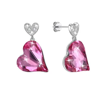 

Elegant Double Heart Pink Crystal From Swarovski Stud Earrings Real 925 Sterling Silver For Women Wedding Engagement Jewelry