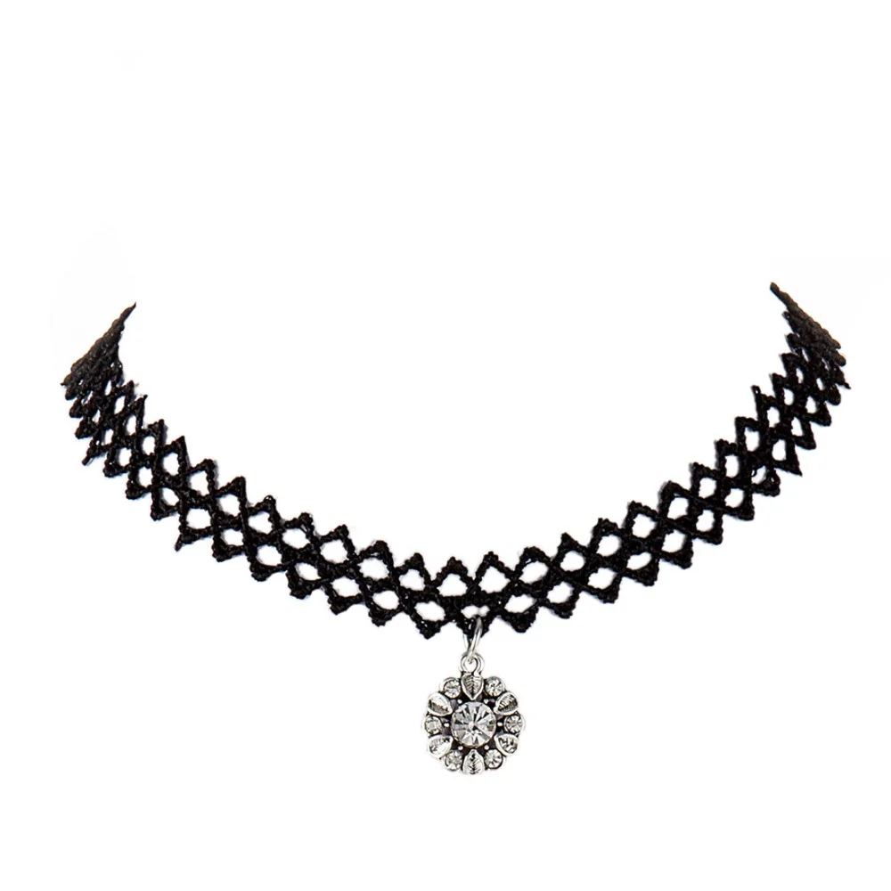 Punk Gothic Black Lace Gargantilha Colar Para As Mulheres Girassol Pingente de Strass Colar Colar Partido Jóias