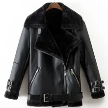 Повседневное женское зимнее толстое PU пальто Черная искусственная кожа на молнии Женская куртка