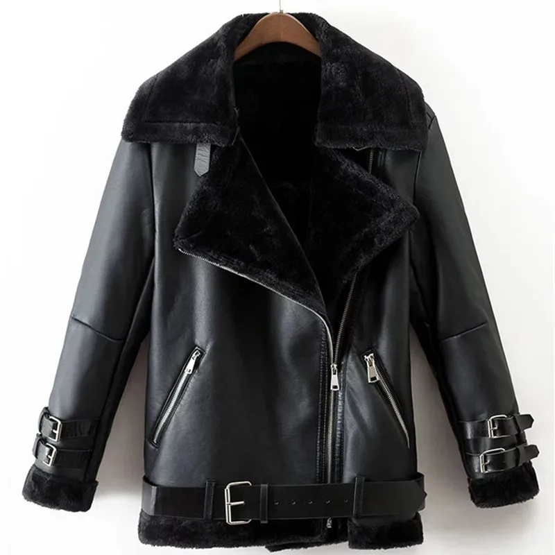 

Casual Women Winter Thick PU Coat Black Faux Leather Zipper Female Jacket