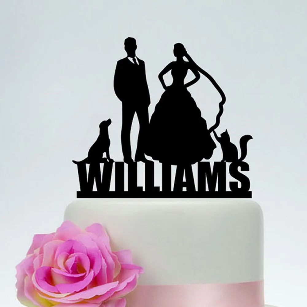 Wedding Cake Topper with Last name,Custom Acrylic wood Cat and Dog Cake Topper,Pet Bride and groom Cake Topper,Couple Silhouette