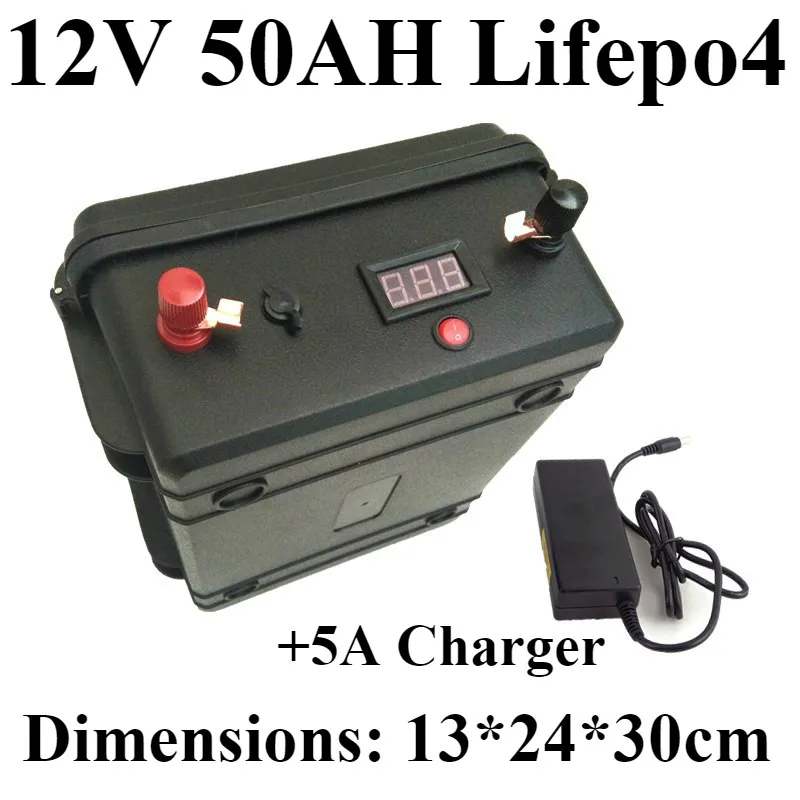 Lifepo4 12 v 50ah батарея+ светодиодный дисплей напряжения ABS водонепроницаемый корпус 5A зарядное устройство для бампера автомобиля лодки заднее освещение машины Xenon EV