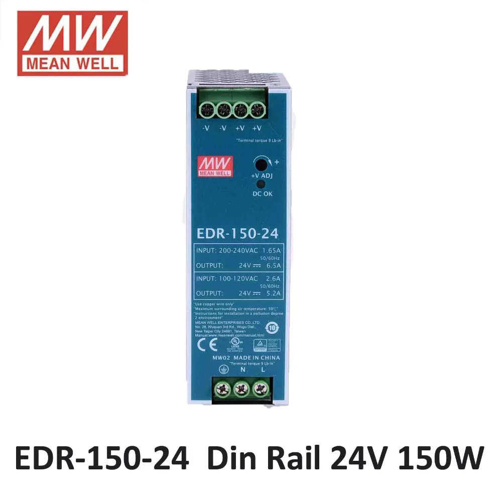 

Mean Well 156W 6.5A/230VAC 125W 5.2A/115VAC Meanwell EDR-150-24 Mini size Industrial DIN Rail Power Supply
