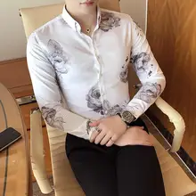 Человек поднялся печати рубашка с длинным рукавом Роскошные приличные элегантные рубашки мужской Для мужчин рубашки Бизнес Camisa социальной Masculina футболка с цветочным принтом