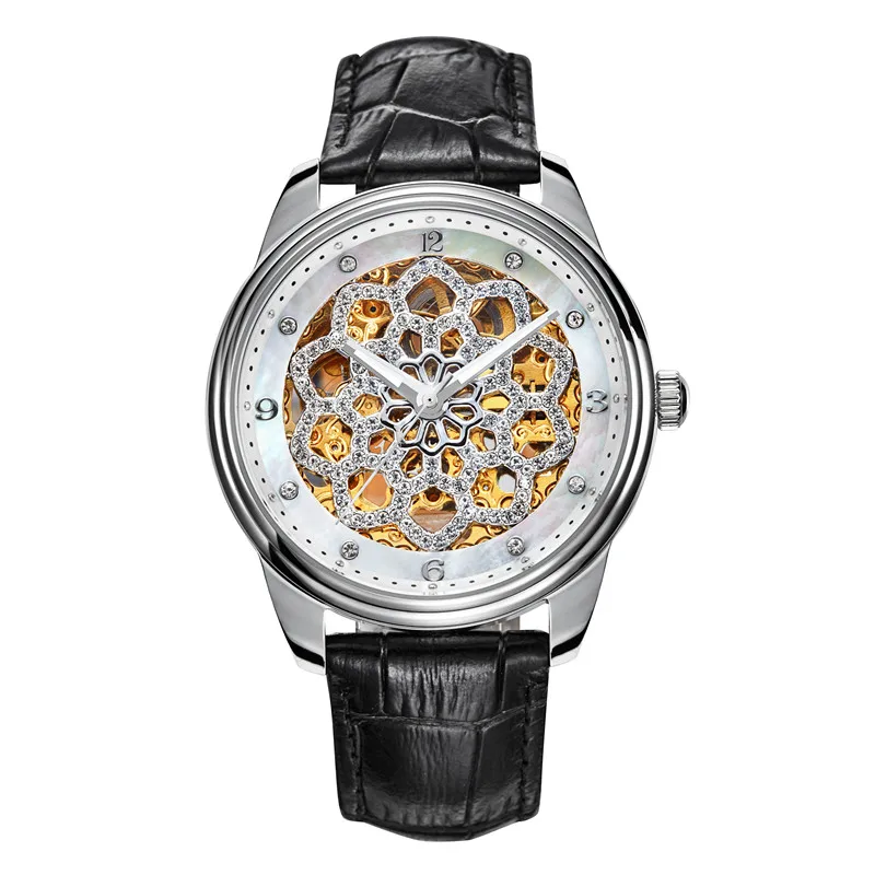 Роскошные романтические цветочные часы со скелетом, автоматические женские часы из натуральной кожи, механические наручные часы, Сияющие кристаллы, аналоговые часы - Цвет: Black Silver