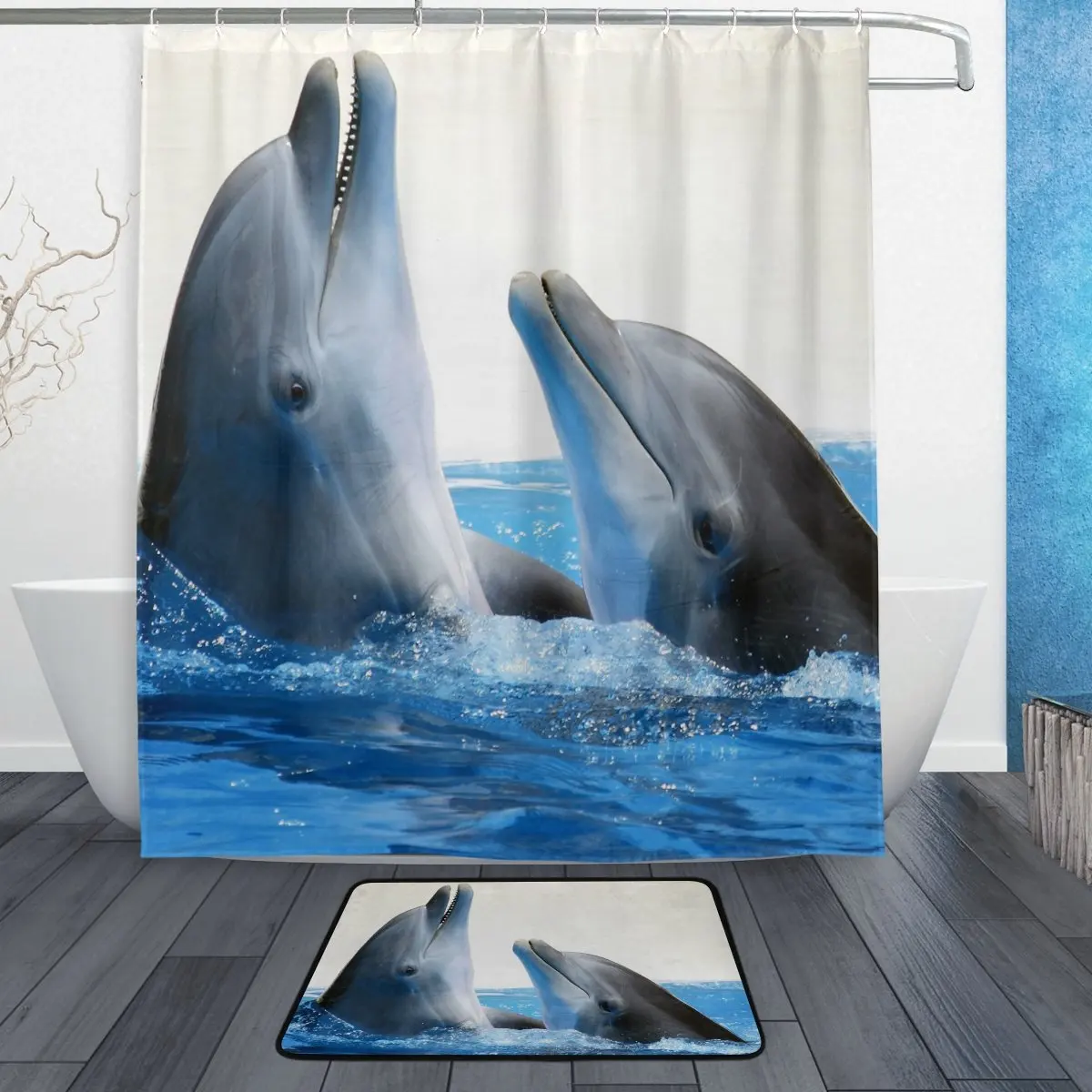 Details about / Shower curtain fabric 180 x 200cm large choice bamboo dolphin sea leuchturm show original title