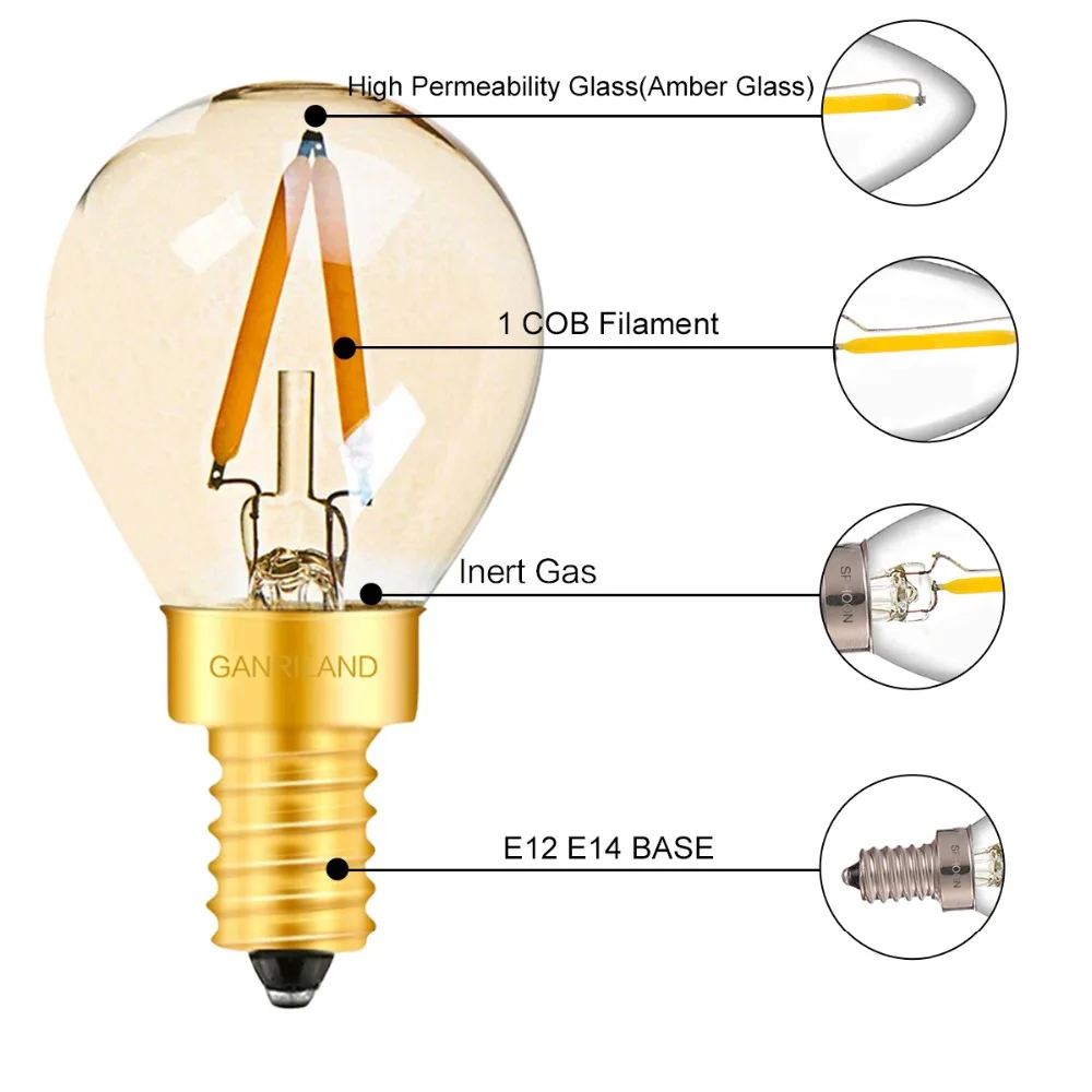 Золотой оттенок G40 мини-Глобус лампа 1 Вт 2200 K Edison старинная светодиодная нить лампочки E27 E12 220 V E26 110VAC Строка Светодиодный свет с регулируемой яркостью