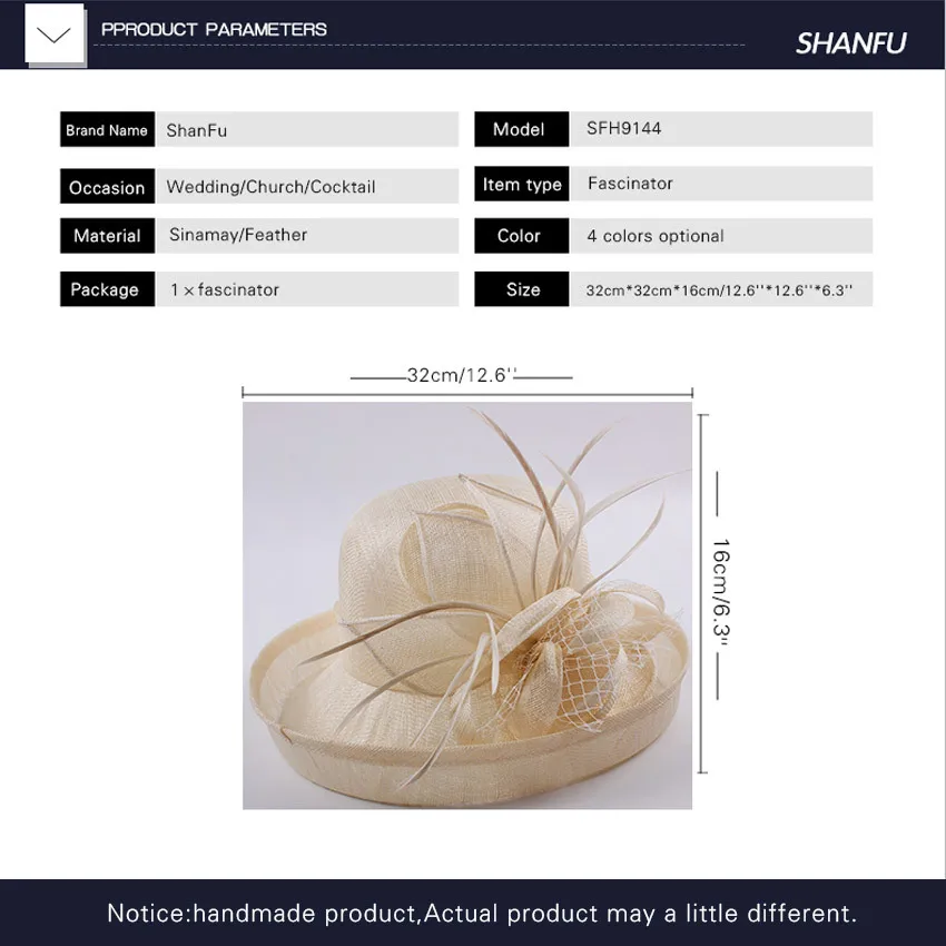 ShanFu ДАМЫ Перо вуалетки гоночного сезона шляпы sinamay Свадебные шляпы для коктейлей вечерние цвета слоновой кости Коралл SFH9144