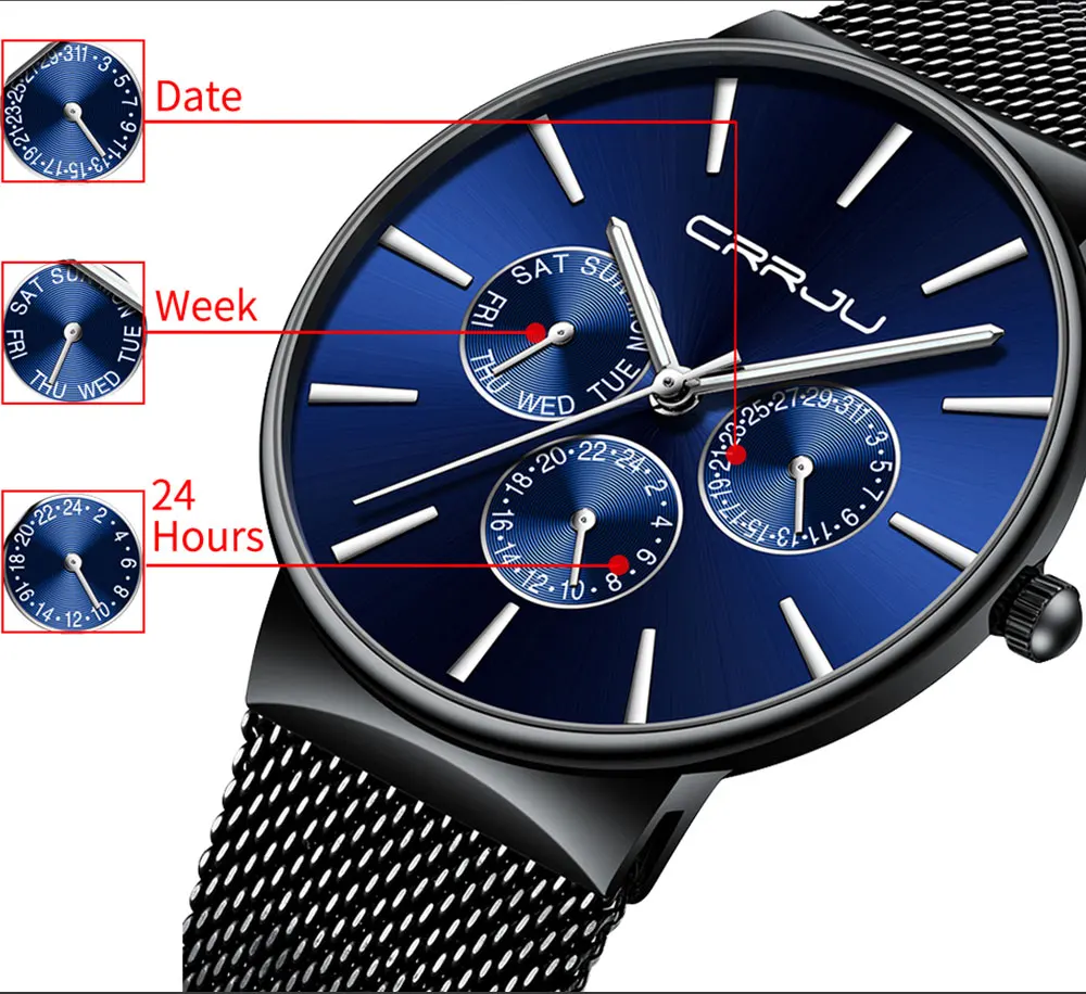 Reloj hombre,, CRRJU, Топ бренд, Роскошные мужские часы, водонепроницаемые, ультра тонкие, дата, наручные часы, мужские, сетчатый ремешок, повседневные, кварцевые часы