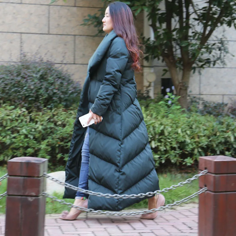 

High Quality White duck down 90% Runway Fashion Women Loose Style X-long Down Coat Female Hooded Warm Thick Down Jacket