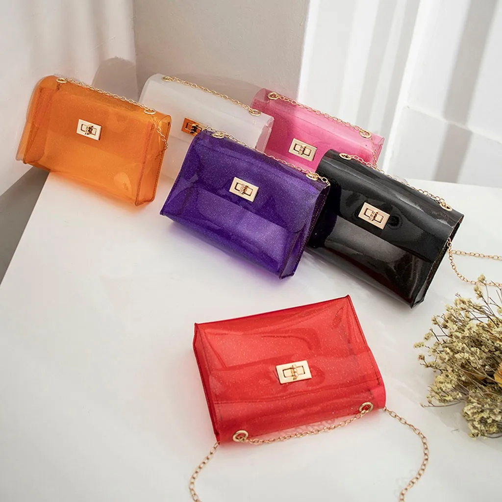 

Clear Transparent bag for women Candy Color Jelly bag summer beach Shoulders Package Phone Purse chain Messenger Bag Feminina