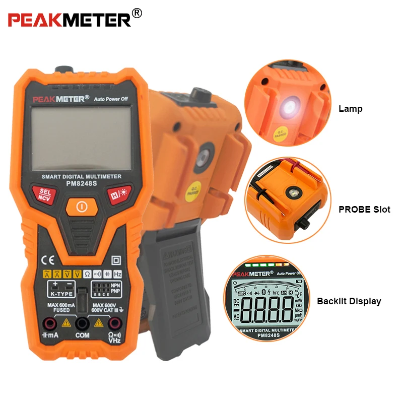 Peakmeter PM8248S Smart AutoRange профессиональный мультиметр Вольтметр с NCV частота подсветки температура транзистор тест