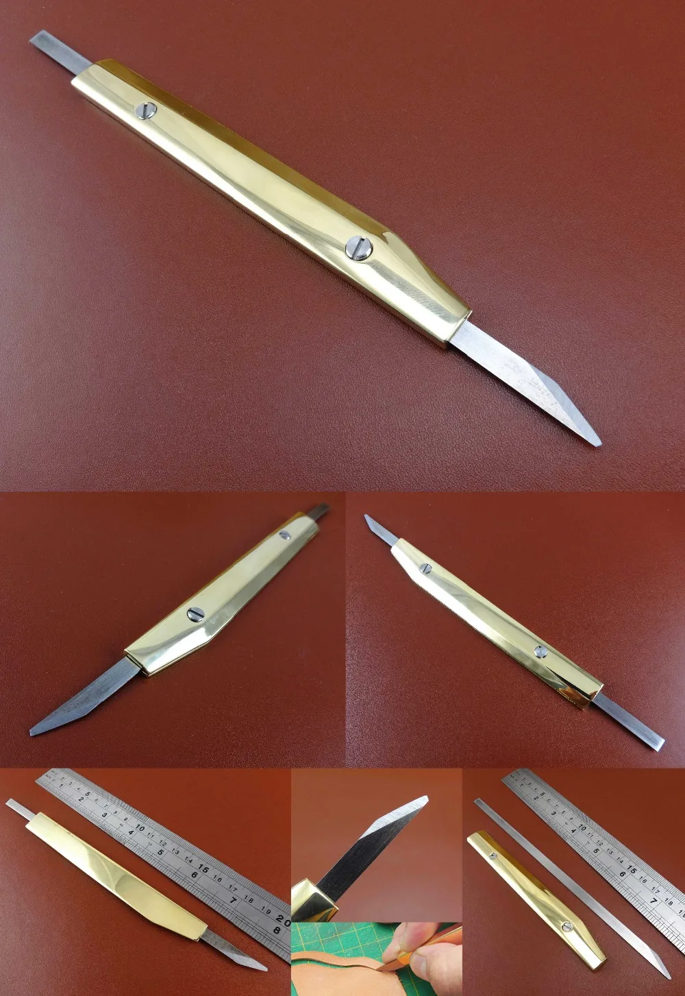 

Leather Craft Brass Handle Flat Cutting Cutter Knife Blade Indispensable Tool Set- Sew Carving Stitching Stamping Skiver Beveler