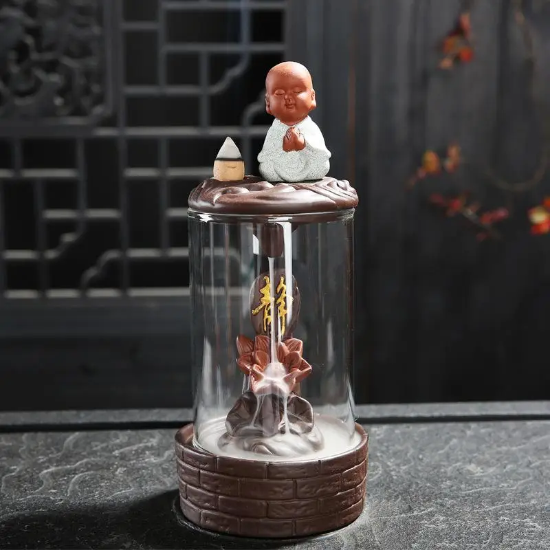

Ceramic Buddha Lotus Furnace Aroma Tower Incense Holder Backflow Incense Burner Ceramic Acrylic Plastic Cup +10Pcs Incense Cones