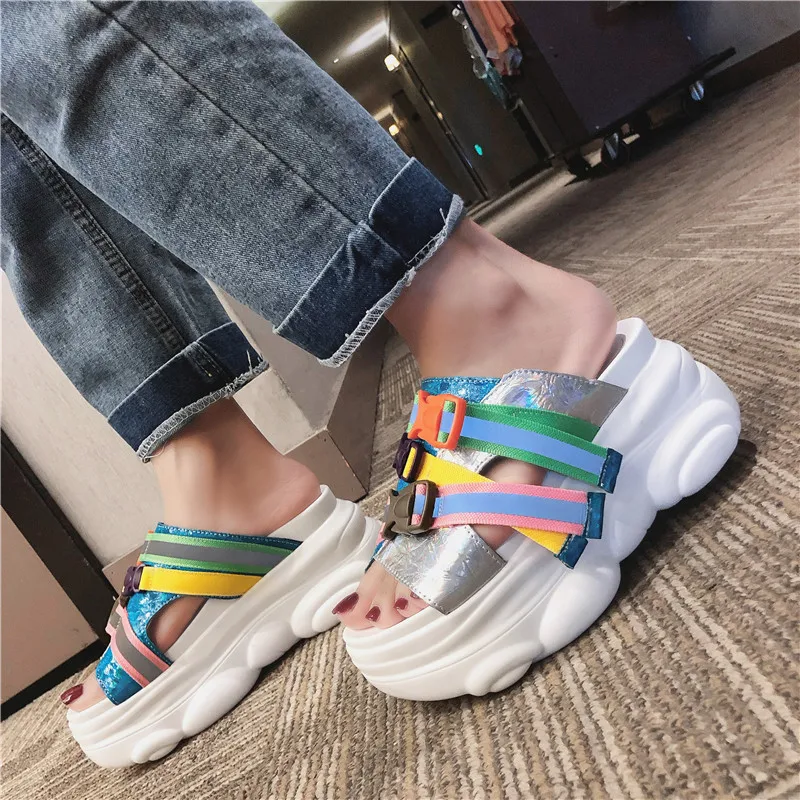 

2019 Summer fashion Platform High Heels ladies Slippers colored pantoufle thick bottom outdoor summer female flip flops Size 40