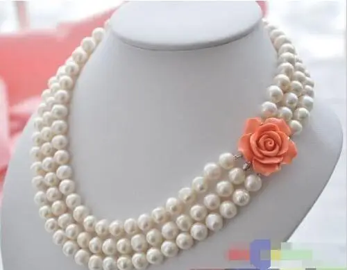 

Free Shipping >>p3578 3row 10mm white round freshwater cultured pearl necklace