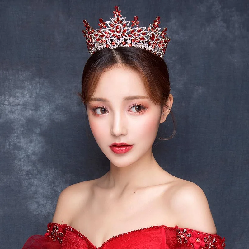 Luxury Red Stone Big Crown Tiaras Korean Style Princess Wedding Hair