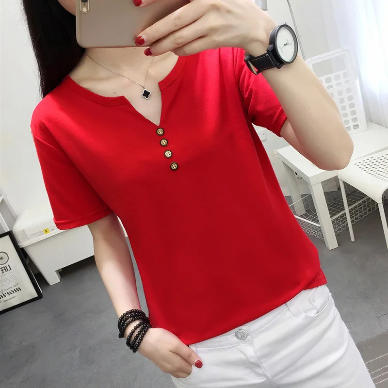 

2019 Summer New Arrival Solid Color V-Neck Minimalism Casual All Matched Short Sleeves Women T-shirt Plus Size 5XL Free Shipping