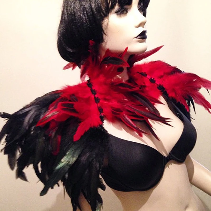 Красный и черный Бурлеск перо шаль шарф накидка готические платья костюм Хэллоуин Модный костюм