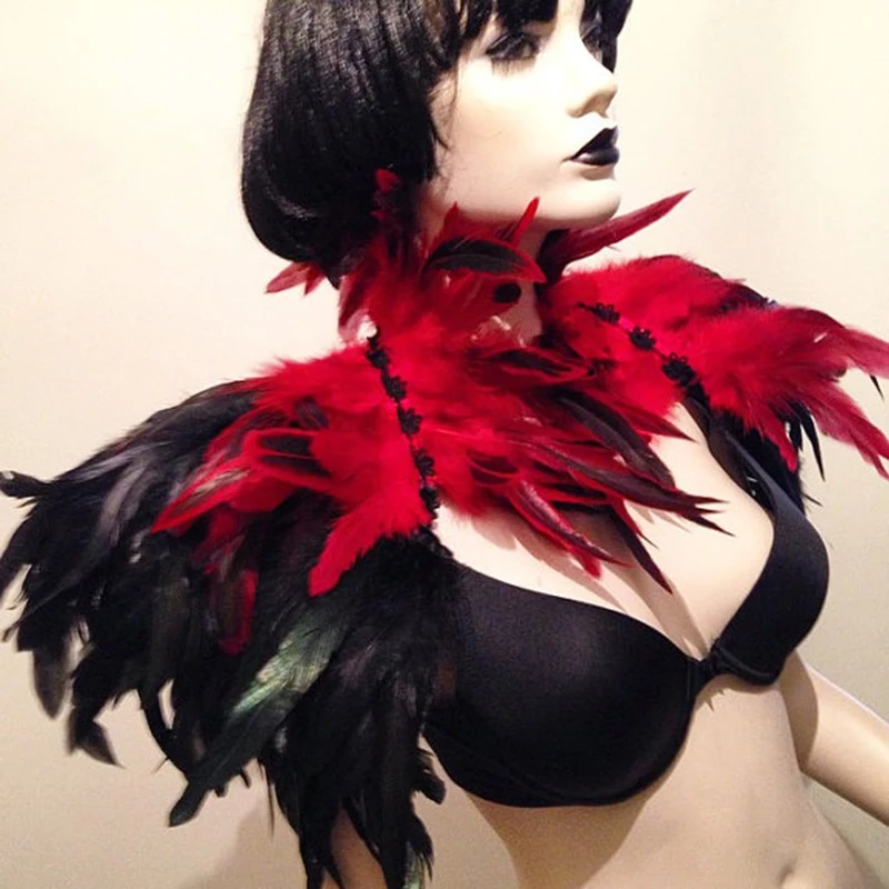 Red and Black Burlesque Feather Shawl Scarf Cape Gothic Style Costume Halloween Costumes