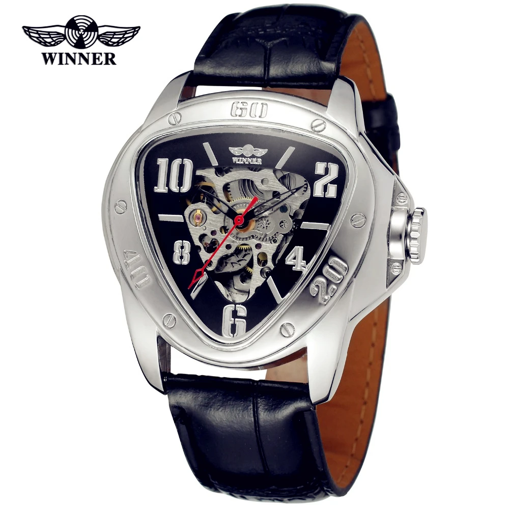 

WINNER Men Luxury Brand Triangle Skeleton Leather Strap Casual Watch Automatic Mechanical Wristwatches Gift Box Relogio Releges