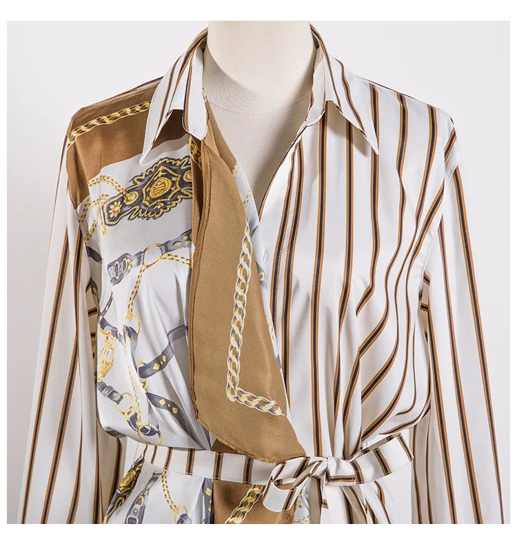 Роскошные Дизайнерские брендовые рубашки для женщин в полоску шелковый шарф с принтом сшивание лук длинные блузки