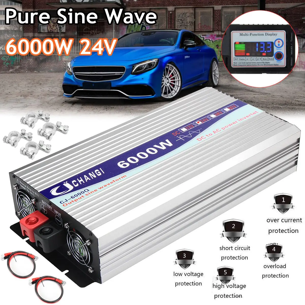  3000/4000/5000/6000W Portable 12/24V to AC 220V Power Solar Inverter Pure Sine Wave Converter Adapt