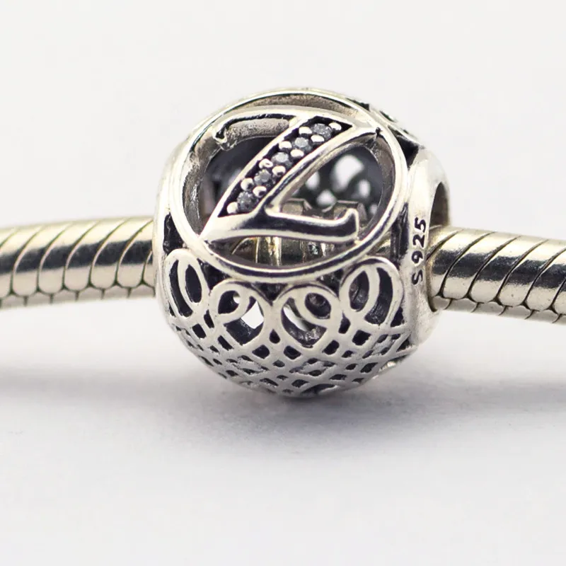

925 Sterling Silver Jewelry Open Work Silve Color Letter Z Bead Fit European Silver Charm Bracelet For Women DIY Jewelry