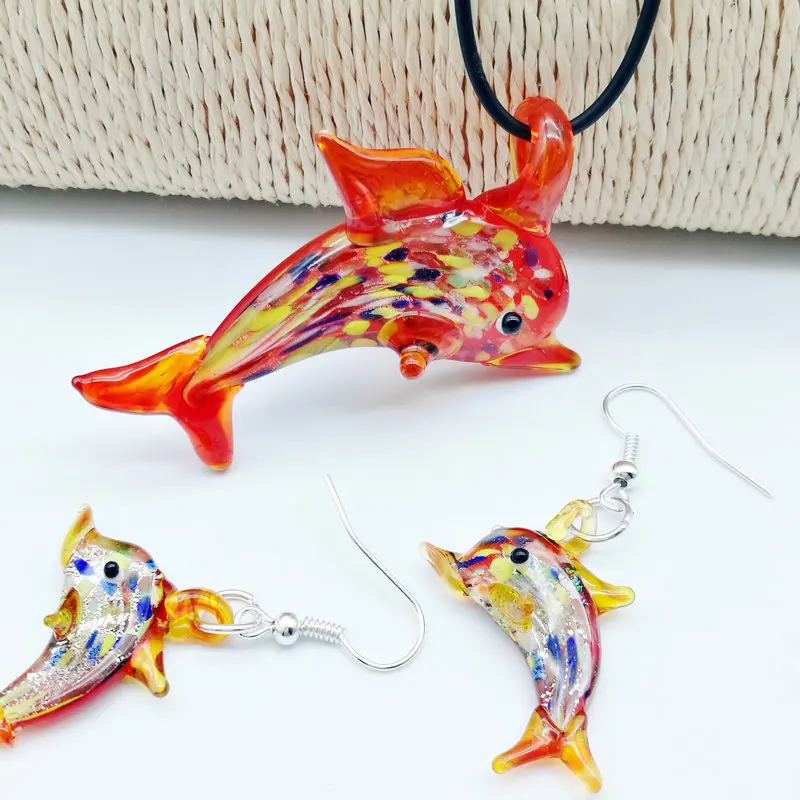 

Free Shipping Wholesale 6 Sets Red Dolphin Foil Lampwork Glass Pendant Necklace Earrings Fashion