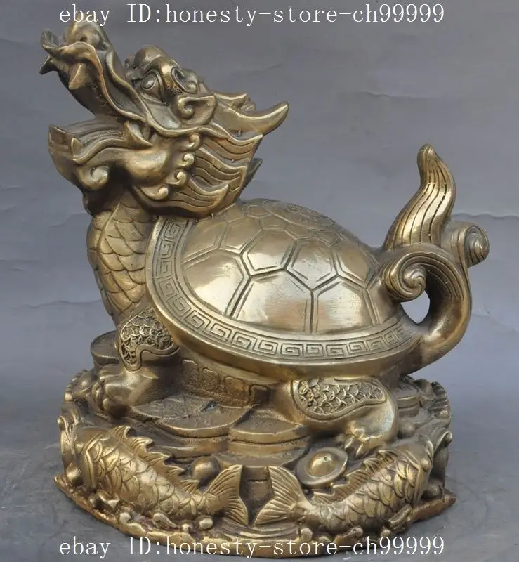 

9"chinese brass fengshui fish wealth yuanbao money dragon turtle tortoise statue