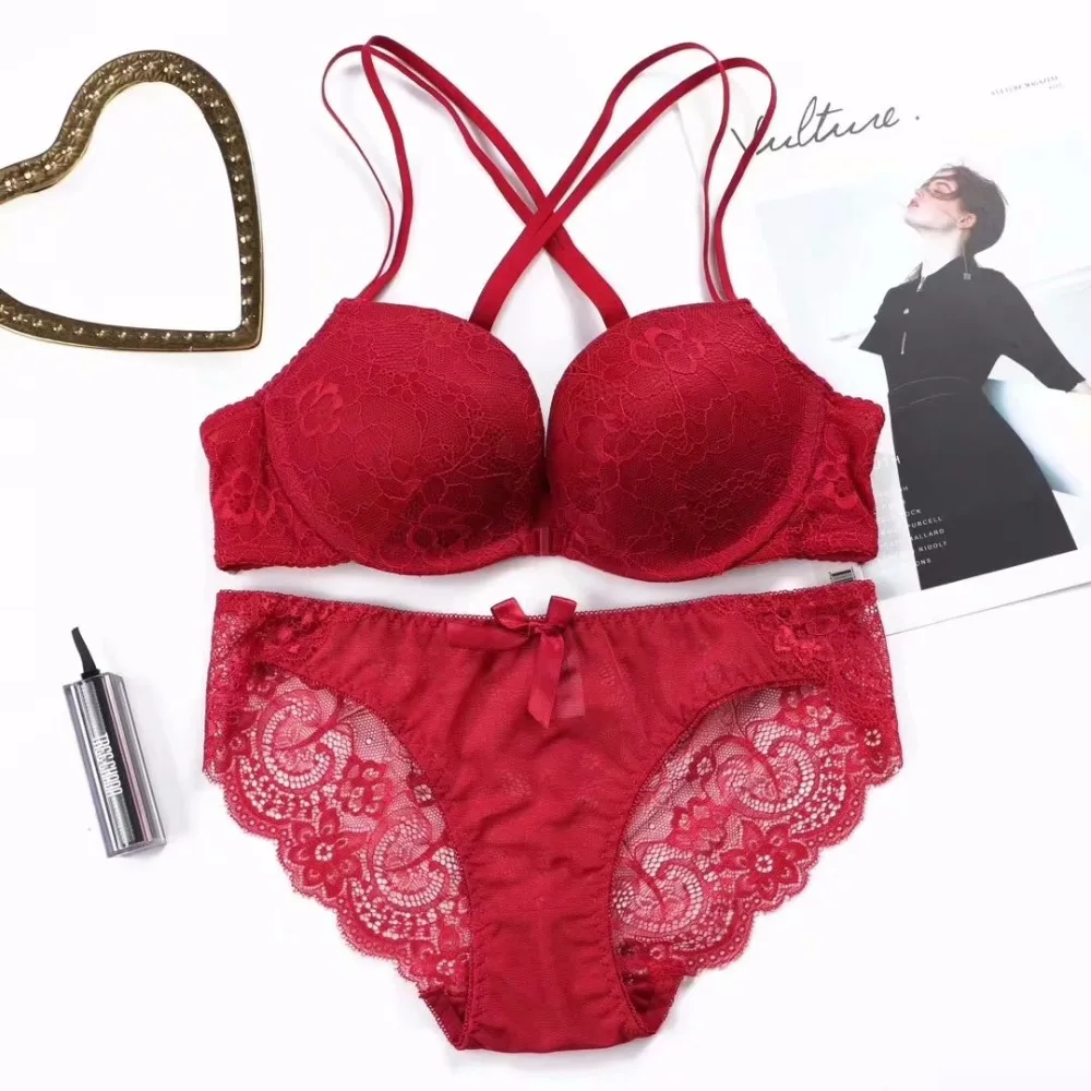 

Lace lingerie set front buckle without rim underwear two kinds of wearing bra gathered adjusting type receiving bra and panties