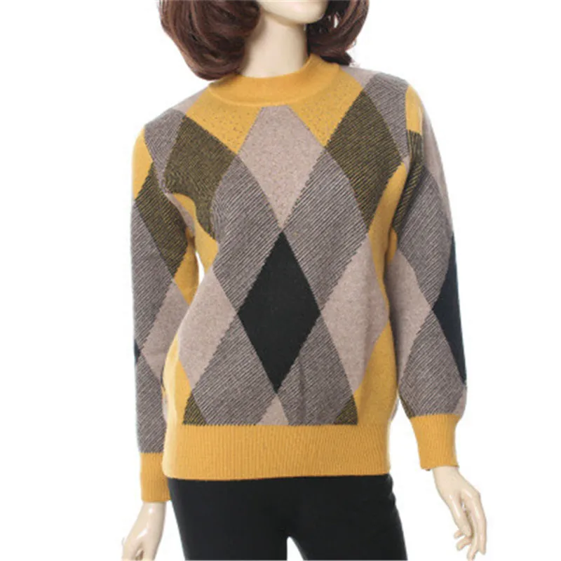

large size 100%goat cashmere thick knit women fashion patchwork color argyle with mini diamonds pullover sweater Oneck L-4XL