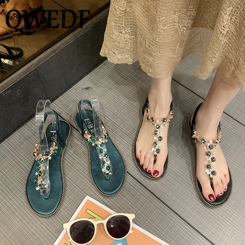 

QWEDF Summer Female Sandals Women Shoes Chains Thong Gladiator Flat Sandals Crystal Fashion Rome Flip Flops Women Sandals SL-23