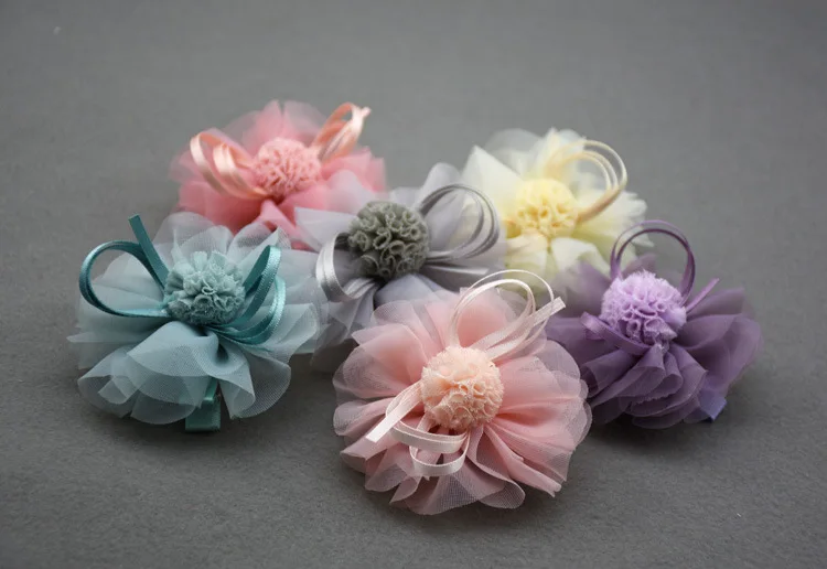 

Boutique 30pcs Fashion Cute Pom Pom Floral Hair Clips Kawaii Solid Gauze Flower Hairpins Princess Headwear Hair Accessories