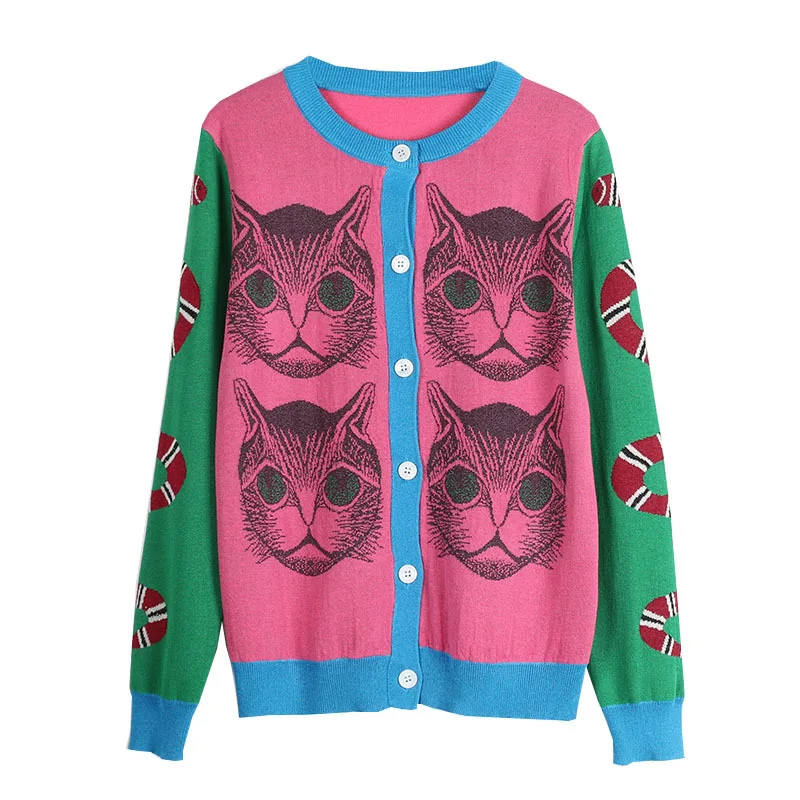 

2018 Spring Knitting Snake Cat Pattern Novelty Jumper Lady Top pull sueter mujer Sweater Runway Design Knit Cardigan Sweater