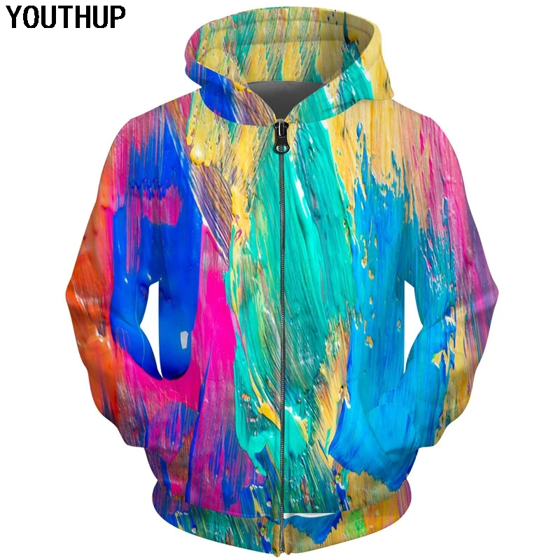 

YOUTHUP 2018 New Colorful Zipper Hoodies For Men Women Hooded Hoodies Oil Painting Print 3d Sweatshirt Coat Plus Szie Streetwear