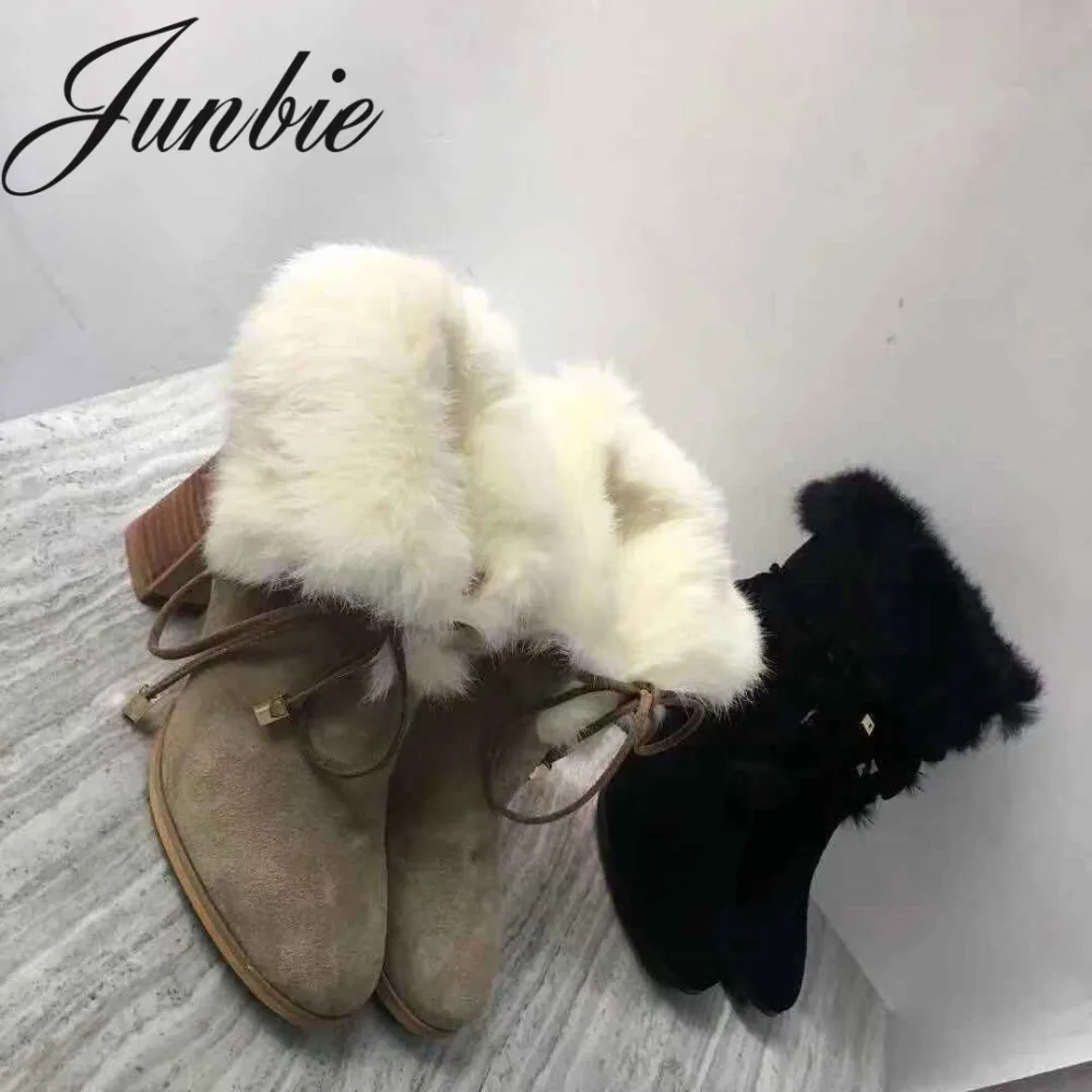 

JUNBIE New Genuine Leather Gladiator Lace Up Women Winter Boots Round Toe Real Fur Warm Ankle Boots Shoes Women