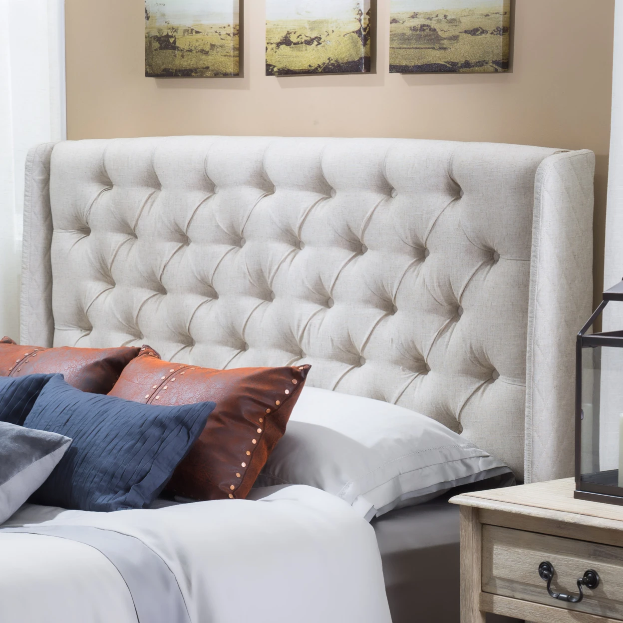 Allen Wingback Queen/Full Tufted Beige Fabric Headboard (1)