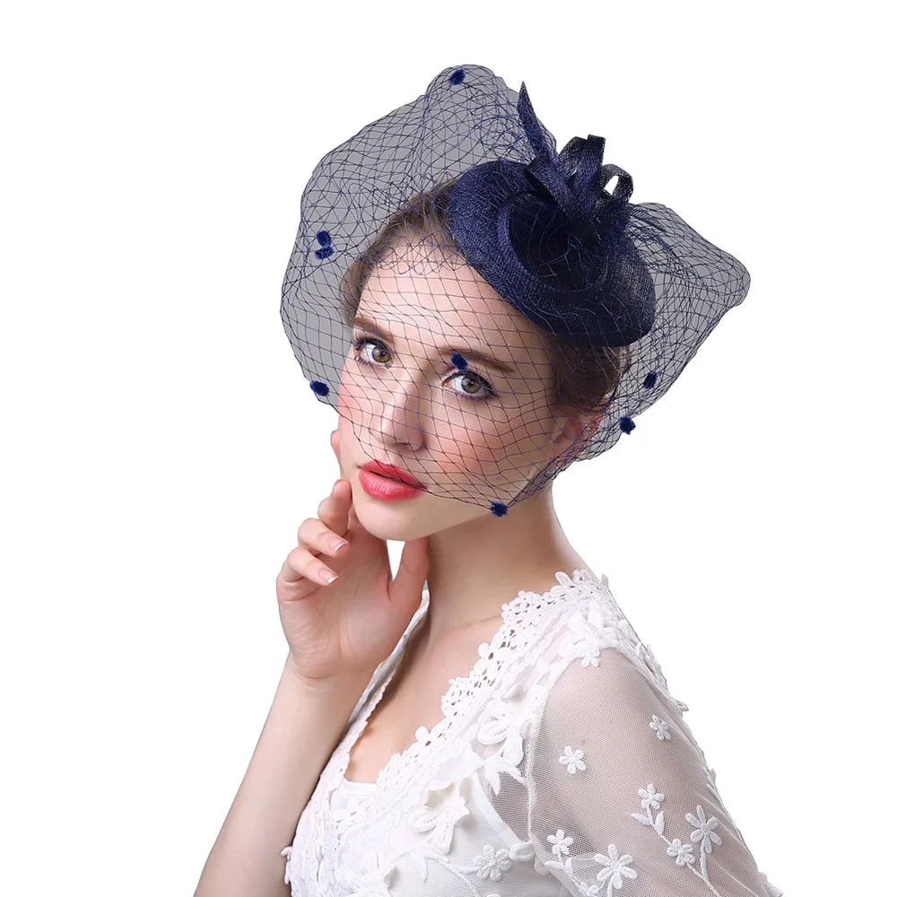 Для женщин чародей невесты Свадебная шляпка повязка на голову с цветком заколка для волос головное украшение свадебный головной убор Свадебные аксессуары украшения - Цвет: Navy Blue