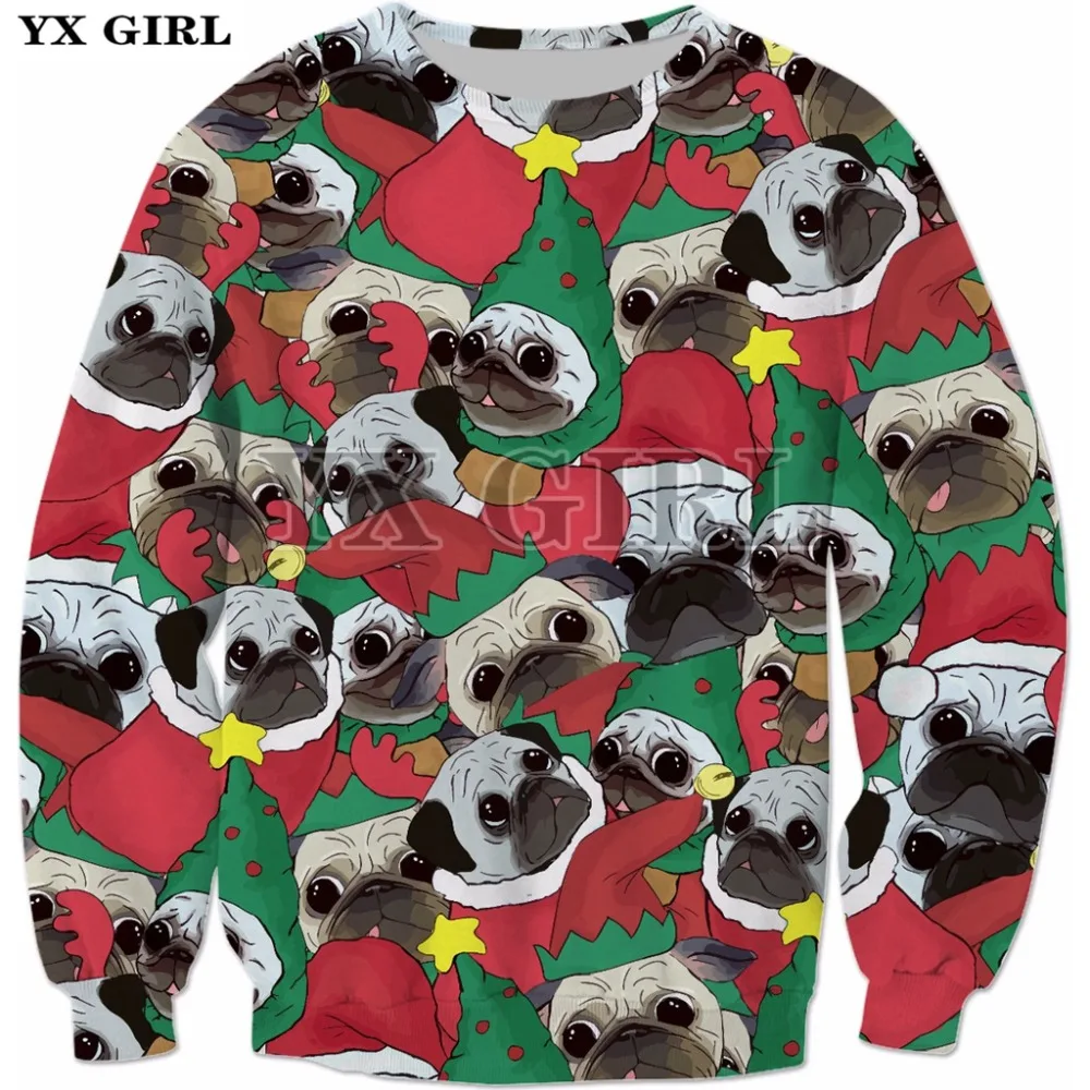 

YX GIRL Festive Pug Pattern Crewneck Sweatshirt 3D Printing Unisex Jumper Hoodies Sweatshirt Trucksuit Size XS-7XL Dropshipping