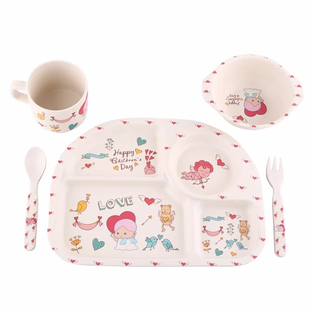 5Pcs set Baby Tableware Learning Dishes Training Plate Kids Feeding Bowl Cup Fork Spoon Food Safe