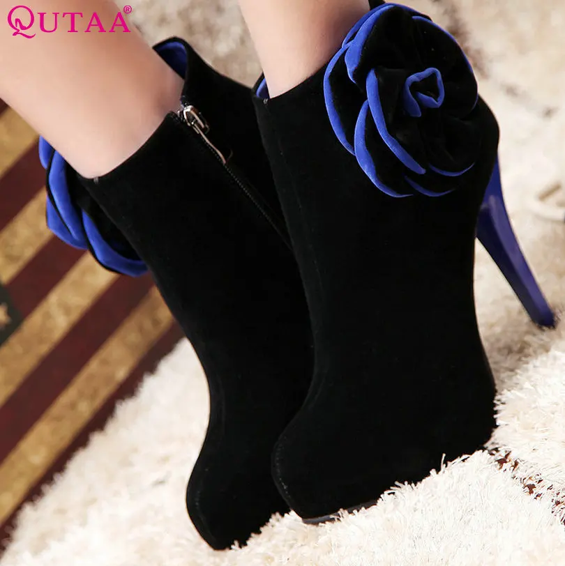 ФОТО QUTAA Blue Flower Solid Thin High Heel Fashion Woman PU leather Ankle Boots Women Shoes Ladies Motorcycle Boots Size 34-39