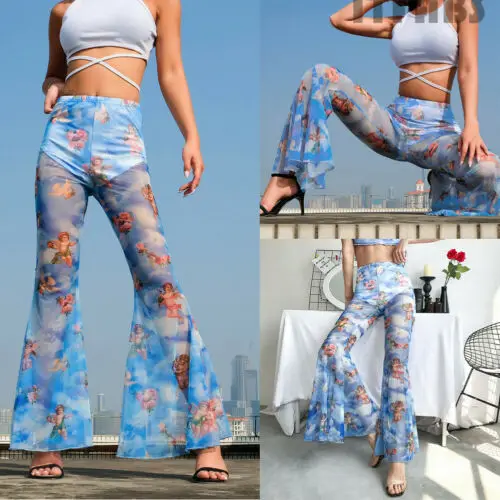 

Women See Through Flared Trousers With Angel Cherub Print Elasticated Waist.