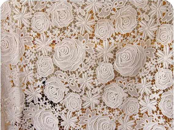 

Lace Fabric with retro roses and daisy floral, off white crocheted net hollow out lace fabric for sewing supplies